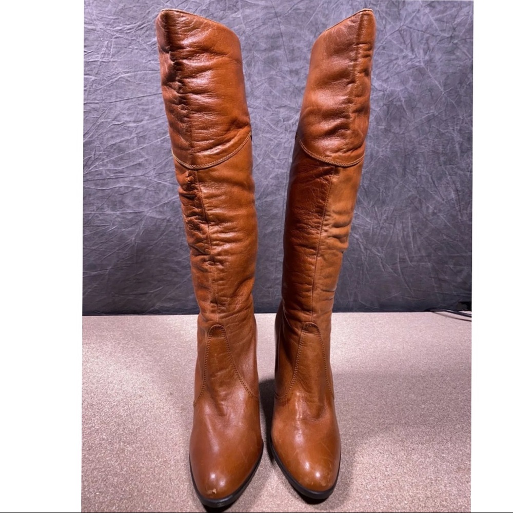 Nina Knee High Leather High Heel Boots 8M Womens Cognac
